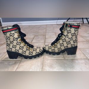 Gucci Beige and Black Monogram Hiking Boots